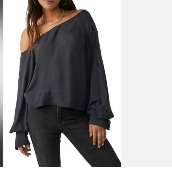 Free People Tops - FREE PEOPLE Justina Single Shoulder Blouse Charcoal Blue Grey SZ: Medium